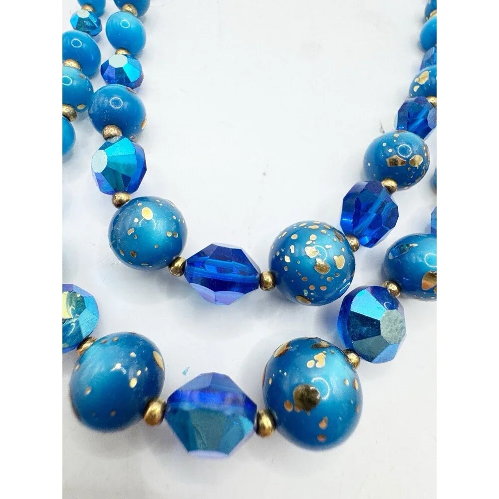 Vintage MCM Peacock Blue Iridescent Two Strand Beaded Necklace Glass Gold Fleck